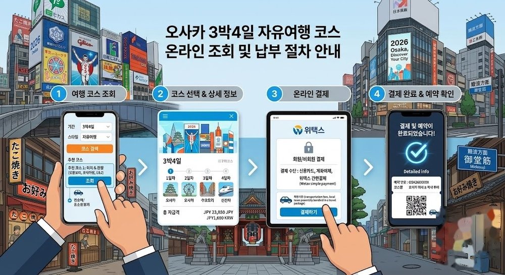 오사카 3박4일 자유여행 코스 온라인 조회와 납부 절차 인포그래픽