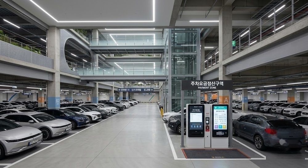 인천공항 주차장 내부와 정산 키오스크