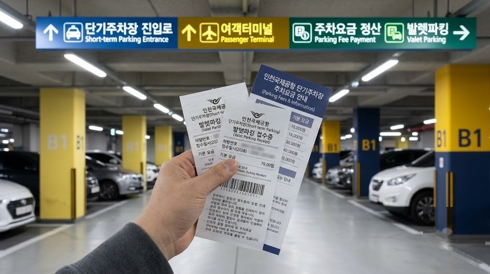 인천공항 단기주차장 요금 안내판과 접수증