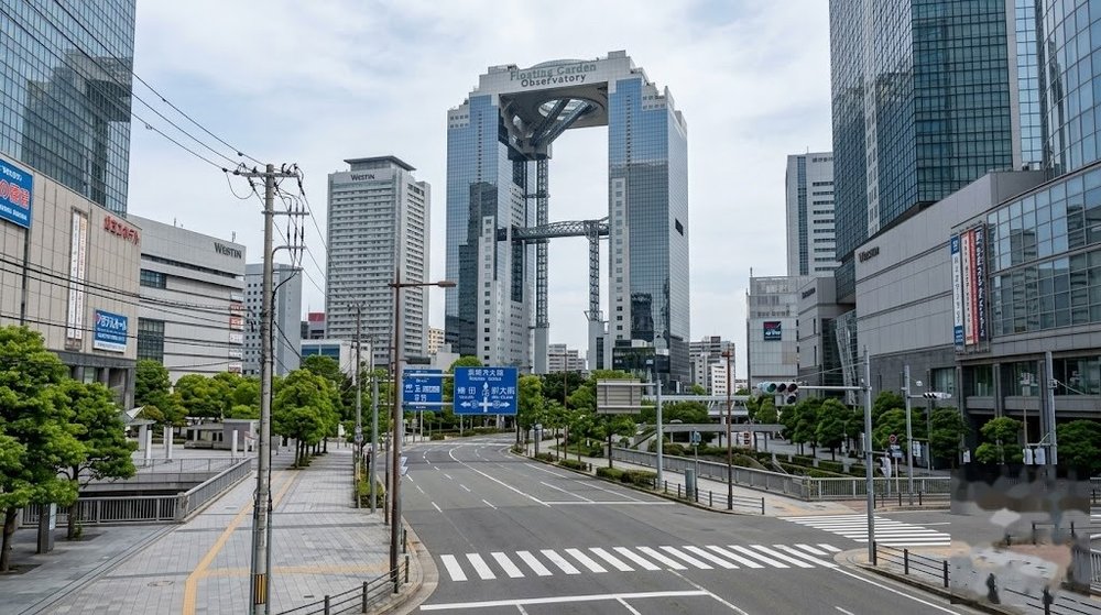 오사카 우메다 스카이빌딩과 호텔 거리 전경
