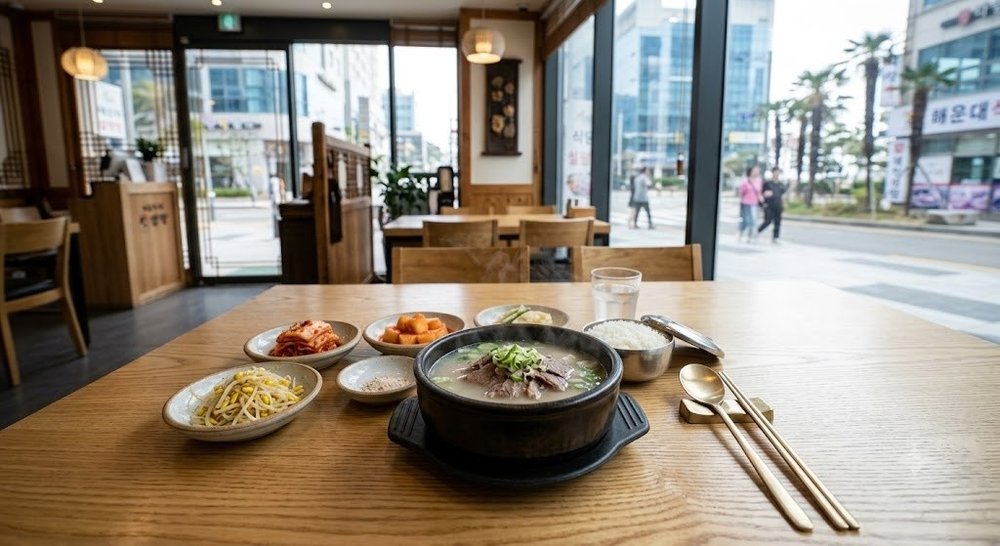 해운대 거대곰탕의 진한 한우곰탕 상차림 모습