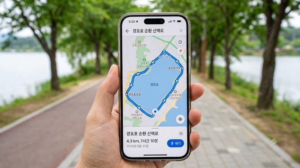 스마트폰으로 경포호 둘레길 코스를 확인하는 모습