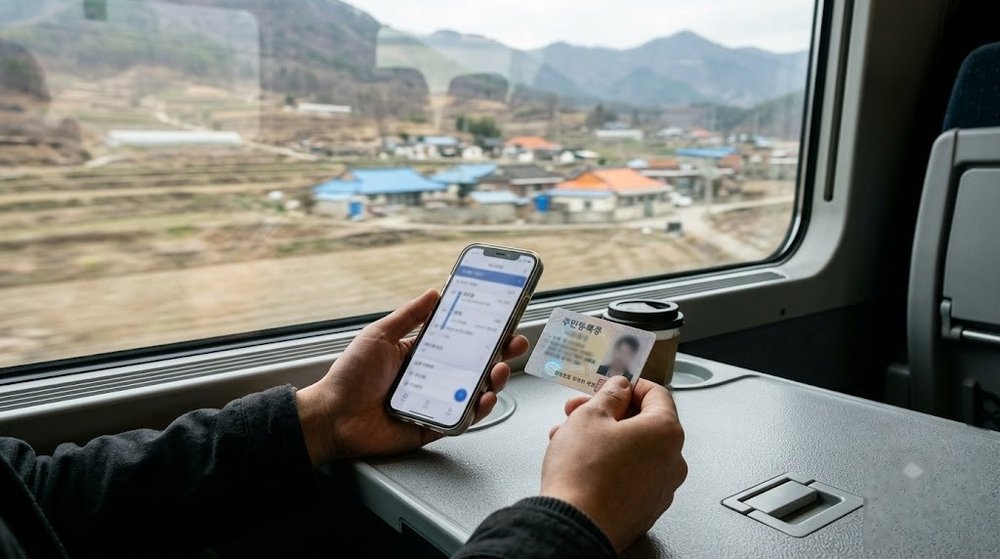 기차 안에서 신분증과 스마트폰을 들고 있는 손